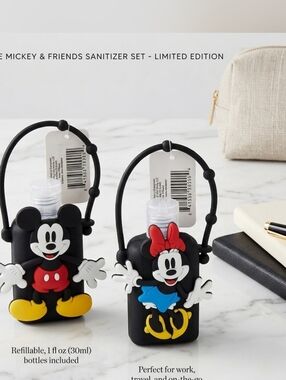 New Disney Mickey & Minnie Mouse Hand Sanitizer W/ Aloe Set 1 oz Refillable